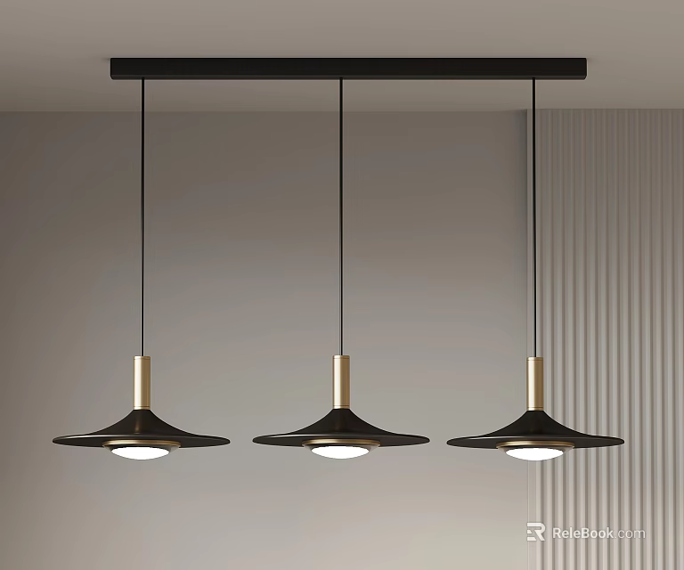 Three Modern Hanging Pendant Lights Featuring Black And Gold Metal Design 3d model 