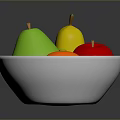 White Bowl With Colorful Fruits Including Yellow Pear Red Apple Green Pear And Orange
