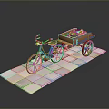 Blue Bicycle With Wooden Trailer Featuring Red Wheels And Colorful Toys