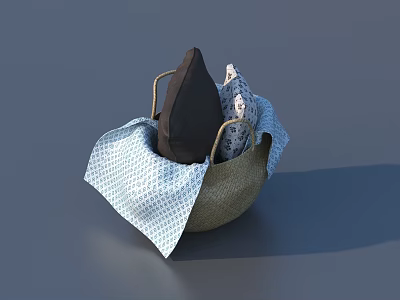 Woven Household Storage Basket With Black Pillow Patterned Fabric And Metal Handles 3d model