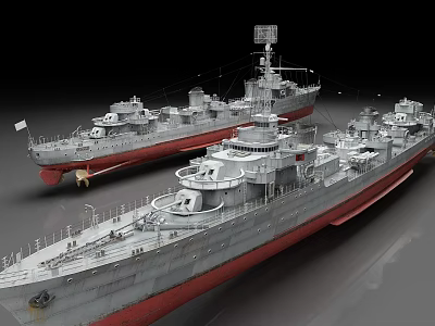 Detailed Warship Models With Gray Hull Red Bottom And Turret Structures 3d model