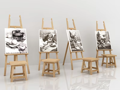 Wooden Easel Wall Decor With Sketch Art And Small Stools In White Background 3d model