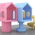 Colorful Children's Playhouses Featuring Blue Pink Structures And Yellow Slide