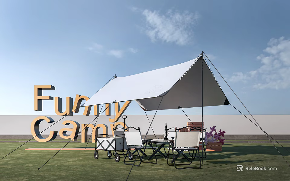 Funny Camp White Tent Setup With Outdoor Furniture On Grass Field And Blue Sky 3d model 