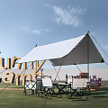 Funny Camp White Tent Setup With Outdoor Furniture On Grass Field And Blue Sky