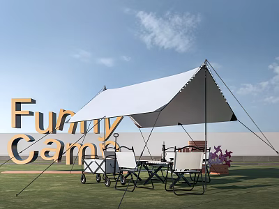 Funny Camp White Tent Setup With Outdoor Furniture On Grass Field And Blue Sky 3d model