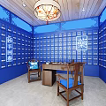 Traditional Chinese Medicine Store Featuring Blue Wall Herbal Medicine Drawers And Wooden Furniture