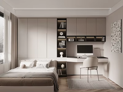 Tatami Bedroom Interior Design With White Wardrobes Desk Chair And Decorative Painting 3d model