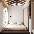 Hotel Room Interior With Round Window Wooden Ceiling Platform Bed And White Bedding 3d model