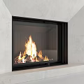 Modern Concrete Fireplace Interior With Burning Flames Wooden Shelves And Stacked Firewood