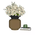 Textured Light Brown Vase With White Daisy Flowers And Small Green Photo Frame