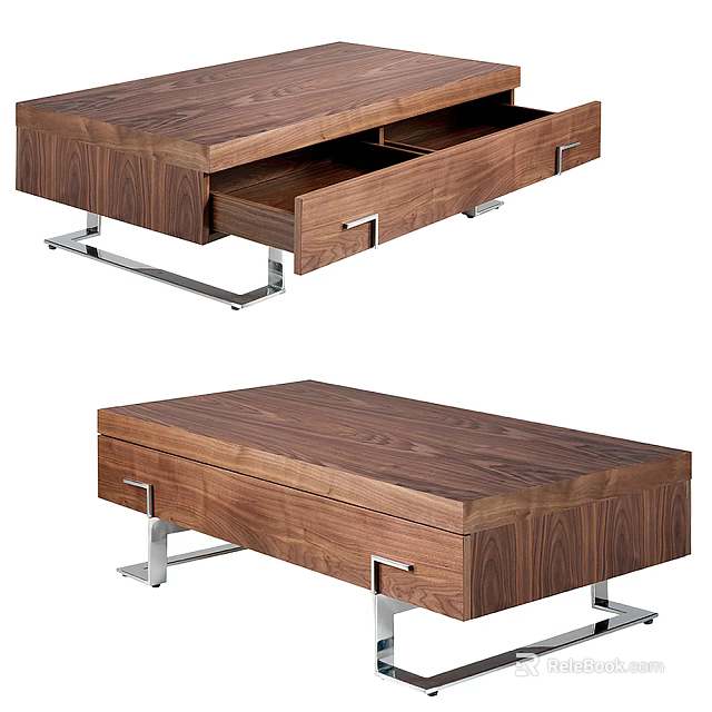 Functional Modern Wooden Coffee Table With Storage Drawers And Metal Legs 3d model 