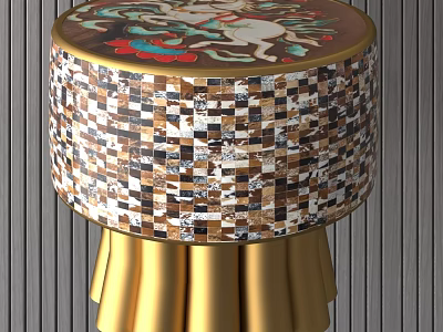 Artistic Round Stool With Decorative Top And Mosaic Pattern Golden Legs 3d model
