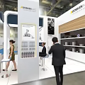 Modern POWERWINS Exhibition Booth With White Blue Design Display Screen And Seating Area