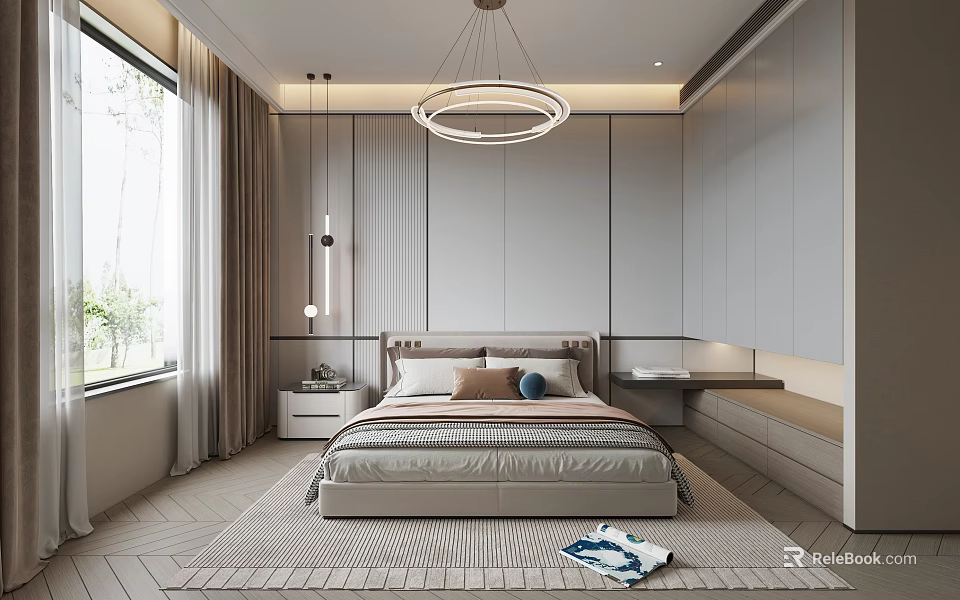 Modern Bedroom Interior Design With Neutral Tones Bed And Built In Wardrobes 3d model 