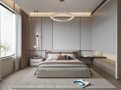 Modern Bedroom Interior Design With Neutral Tones Bed And Built In Wardrobes 3d model
