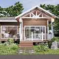Wooden Guesthouse With White Railings Porch Surrounded By Green Lawn Trees Plants Stone Path Front
