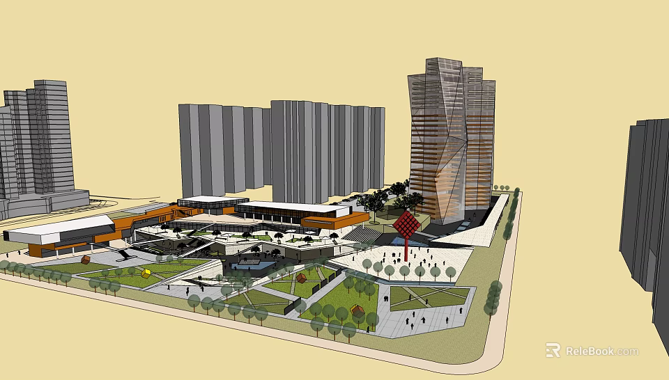 Modern Commercial Complex With Tall Buildings Open Plaza Greenery And Pedestrian Areas 3d model 