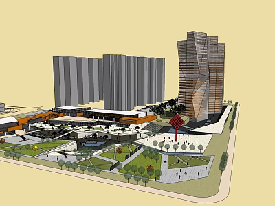 Modern Commercial Complex With Tall Buildings Open Plaza Greenery And Pedestrian Areas 3d model