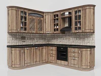 Wooden Kitchen Cabinets With Glass Doors Black Countertop And Tile Backsplash 3d model