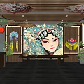 Cultural Center Interior With Traditional Opera Mask Mural Red Lanterns And Wooden Decor