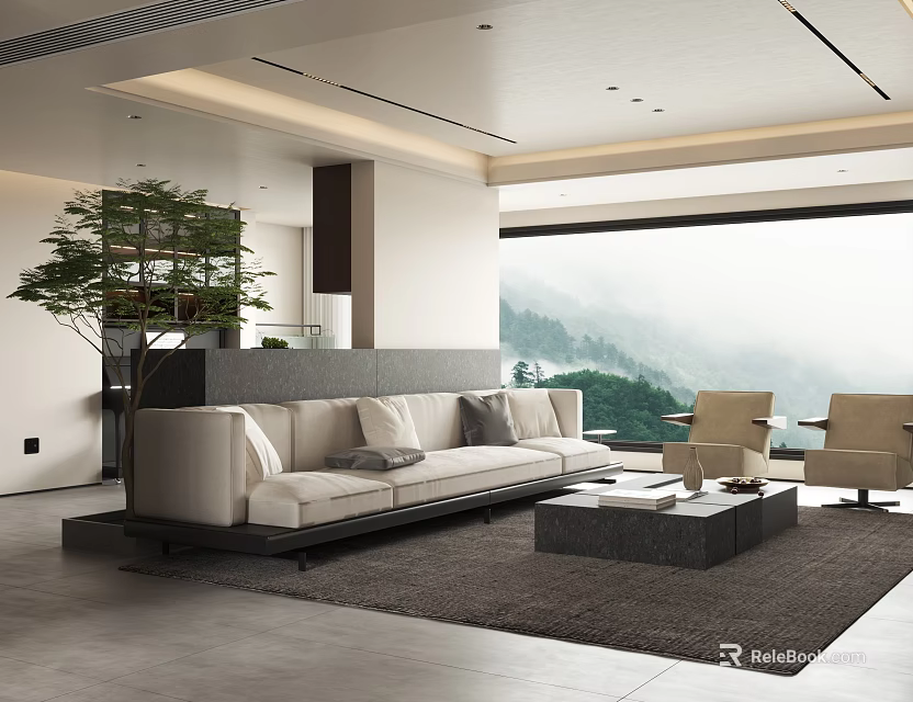 Modern Living Dining Room Interior With Beige Sofa Coffee Table Green Plant And Mountain View 3d model 