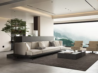 Modern Living Dining Room Interior With Beige Sofa Coffee Table Green Plant And Mountain View 3d model