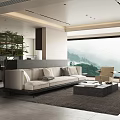 Modern Living Dining Room Interior With Beige Sofa Coffee Table Green Plant And Mountain View