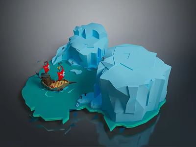 Low Poly Arctic Scene With Blue Icebergs Small Boat And Red Figures 3d model