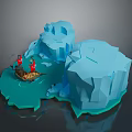 Low Poly Arctic Scene With Blue Icebergs Small Boat And Red Figures