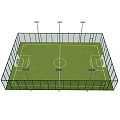 Outdoor Soccer Field with Fenced Perimeter Green Grass Marked Lines and Lighting Poles