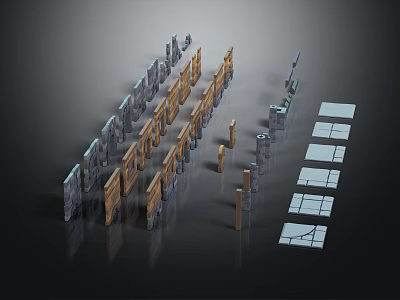 Diverse Scene Construction Components With Wooden Pillars Stone Slats And Stone Slabs 3d model