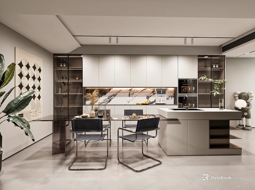 Modern Open Restaurant Interior Design With Dining Table And Chairs 3d model