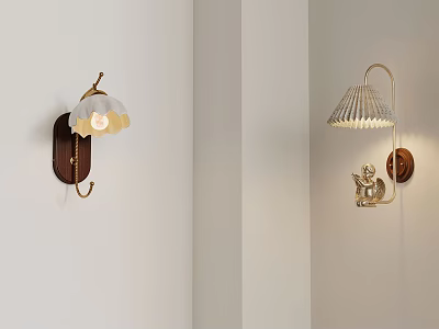 Lit Wall Lamps Featuring Wooden Base White Shade Metal Bracket And Decorative Figurine 3d model