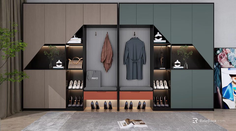 Modern Shoe Cabinet With Hanging Clothes Area Decorative Bags And Organized Shoe Storage 3d model 