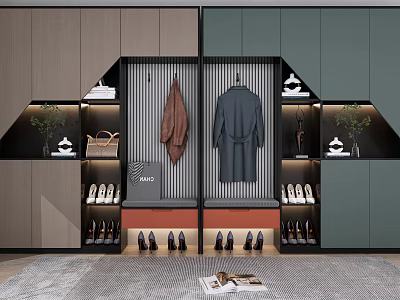 Modern Shoe Cabinet With Hanging Clothes Area Decorative Bags And Organized Shoe Storage 3d model