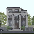Modern Chinese Style Two Story Detached Villa With Arched Windows Brown Roof And Green Plants