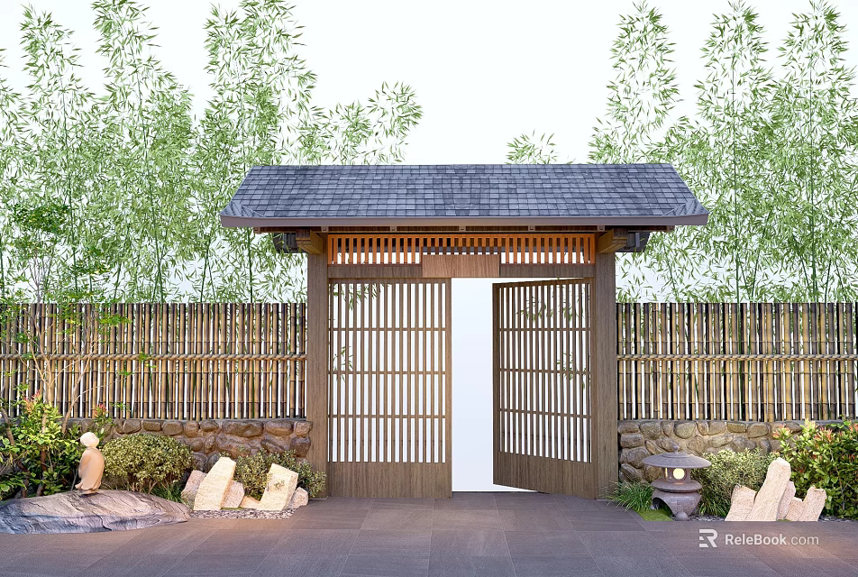 Japanese Style Entrance Gate With Wooden Lattice Gray Tile Roof And Bamboo Grove Stone Wall 3d model 
