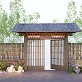 Japanese Style Entrance Gate With Wooden Lattice Gray Tile Roof And Bamboo Grove Stone Wall