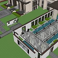 Modern High Rise Residential Landscape With Chinese Moon Gate Stone Pathway And Water Feature