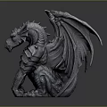 Detailed Grey Dragon Statue With Large Wings And Red Eyes In Sitting Pose