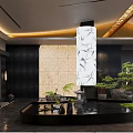 Serene Teahouse Interior With Water Feature And Plants