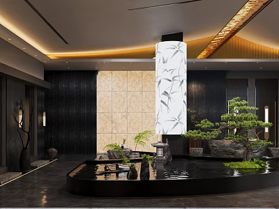 Serene Teahouse Interior With Water Feature And Plants 3d model