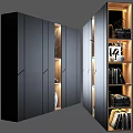 Modern Storage Cabinet With Black Doors Wooden Shelves And Decorative Feather Books Candles Frames