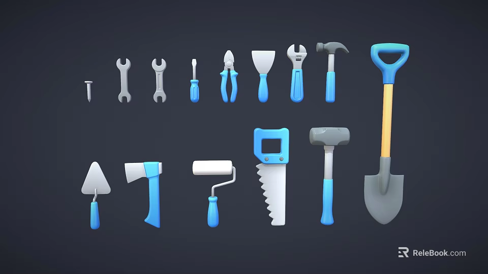 Essential Hardware Tools Collection Including Wrench Pliers Hammer Shovel And Axe 3d model