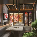 Natural Style Restaurant Interior With Rock Wall Wooden Accents And Round Mirror Lighting