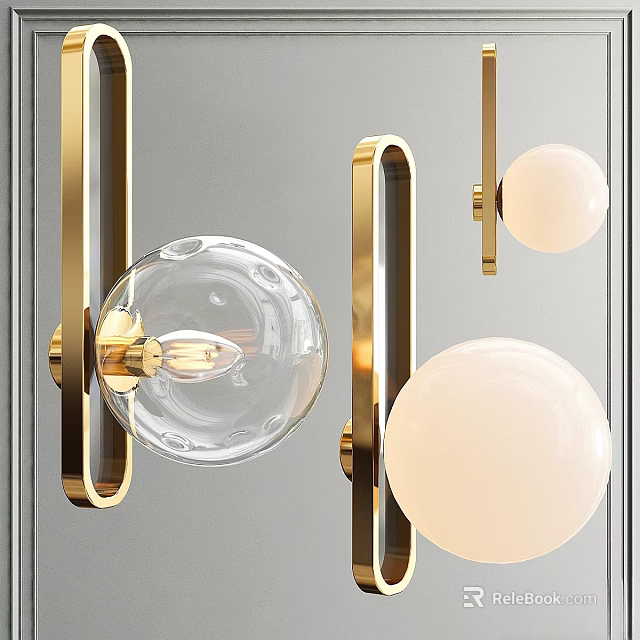 Modern Wall Lamp With Golden Metal Frame Transparent Glass Globe And White Spherical Shade 3d model 