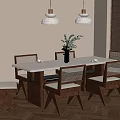 Modern Dining Room With Wooden Table Woven Back Chairs Pendant Lights And Green Plant