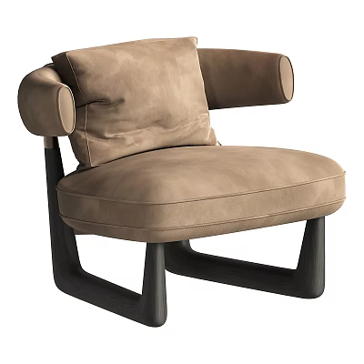 Modern Beige Leather Armchair With Plush Back And Dark Wooden Legs 3d model