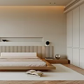 Modern Minimalist Beige Bedroom Interior With Wooden Bed White Cabinets And Area Rug Near Window